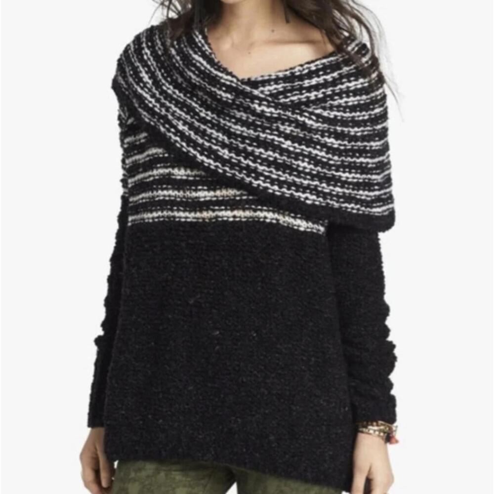 Free People Engineer Black & White Stripe Wool Cowl Neck Sweater - Size - Medium